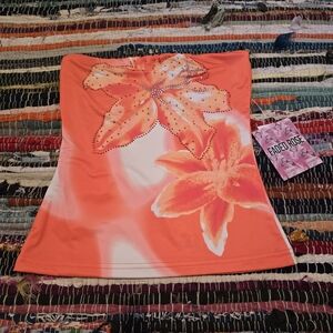 Y2k Top Tube Top Coral Floral Strapless Tank Top with Rhinestones